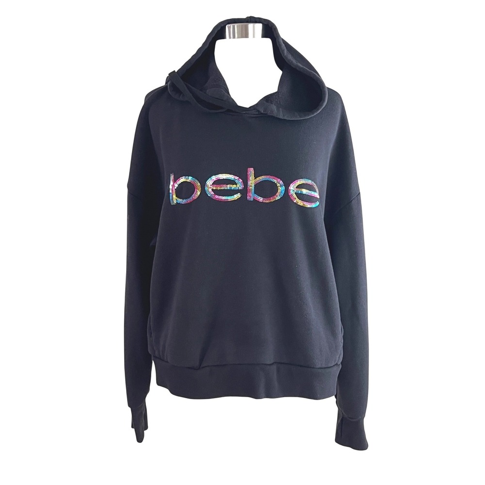 Bebe  Y2K Sequin Hoodie 2X Women Rainbow Logo Pullover Black Retro Glam Sparkle